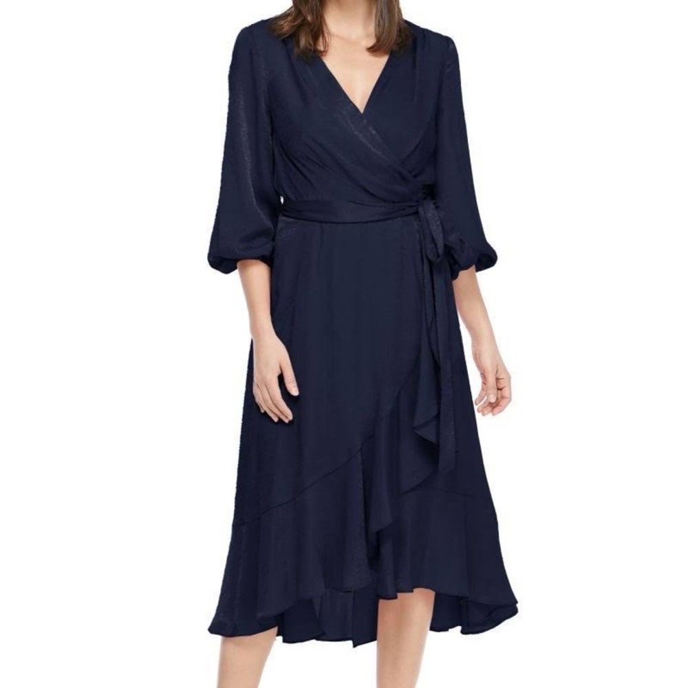 Gal Meets Glam Jennifer Navy Satin Wrap Dress
